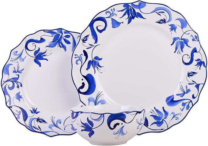 222 Fifth 12-Piece Porcelain Dinnerware Set for 4 Blue &amp White Plates and Bowls Set Glossy Ceramic Dish Set with Beautiful Floral Rims Elegant Kitchen Dishes Microwave &amp Dishwasher Safe A