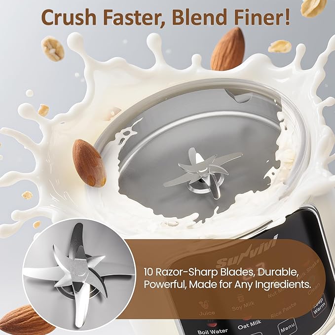 Sunvivi 8 in 1 Nut Milk Maker Machine: 60oz Soy Milk Maker for Soy/Nut/Oat Milk Juice Milkshake Rice Paste and Boil Water Countertop Blender with Delay Start/Keep Warm/Self Clean Food Processor