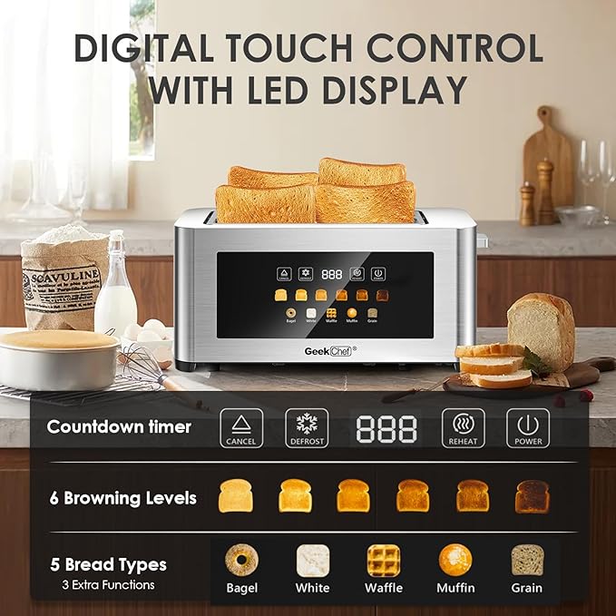 Geek Chef Long Slot Toaster 4 Slice 1.5 Touch Screen Extra Wide Slots for Bagels &amp Waffles 6 Browning Levels Timer Reheat Defrost Cancel Function and Digital Scale with App