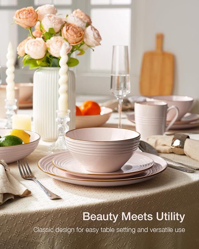 Famiware Jupiter Stoneware Dinnerware Sets Handcrafted Plates and Bowls with Embossed Swirl &amp Speckles Pink - Chip &amp Scratch Resistant Dishwasher &amp Microwave Safe Modern Dishes for 4 (1