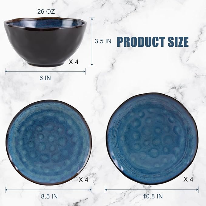 Dinnerware Set Blue 12 Pieces Service for 4 Stoneware Plates and Bowls Set Stoneware Set Dishwasher Microwave Safe Dishes set
