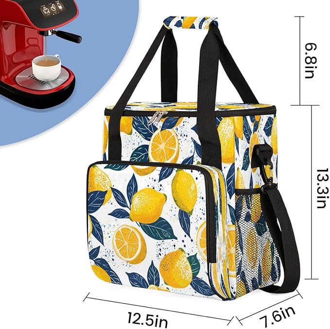 Printed Lemon Coffee Maker Carrying Bag Compatible with K-Mini or K-Mini Plus Portable Single Cup Coffee Maker Case with Pockets for K Cup Pods