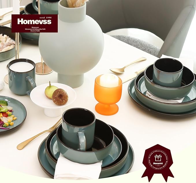 HomeVSS 20-Piece Dinnerware Set - Serves 4 Reactive Glaze Green Plates &amp Bowls Set | Microwave &amp Dishwasher Safe Dishes Set