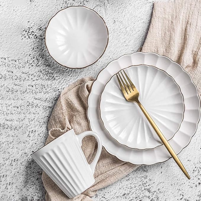 Dinner SetCeramics Dinner Sets45 Pieces Petal Design Matte Porcelain Dinnerware Set Cereals Bowl &amp Mug &amp Plate for Wedding Gifts and Family PartyA~White