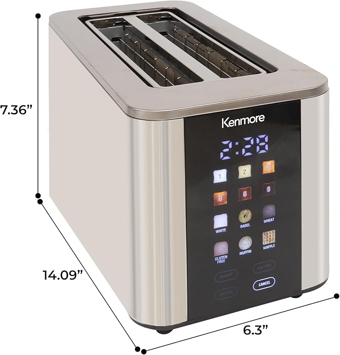 Kenmore 4-Slice Digital Touchscreen Toaster - 1400W Stainless Steel Wide Slots 6 Shade Settings Bread Presets Countdown Timer Reheat &amp Defrost Functions Compact Countertop Design tostadora dig