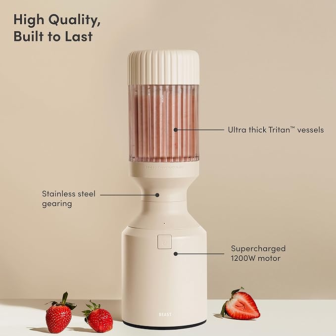 Beast Mega 1200 | Premium Countertop Blender | Smoothies Shakes Sauces Dips Soups | Blends Ice and Frozen Fruit | Includes Extra Lids and Straw System | 1200W | (Sand 120V)