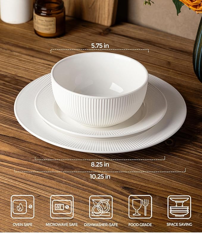 TheTerra Stoneware Dinnerware Sets for 6 18 Pieces Ceramic Plates and Bowls Sets Scratch Resistant Embossed Dish Set Oven Microwave &amp Dishwasher Safe Bright White