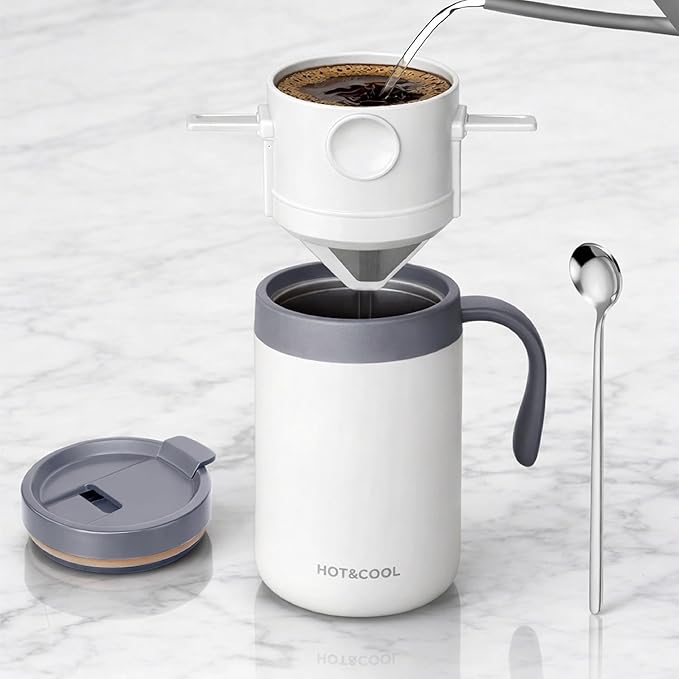 Pour Over Coffee Maker Set 16oz Stainless Steel Insulated Mug Foldable Filter for Camping Travel Office (White)