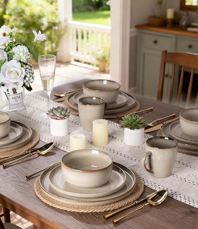 GBHOME Dinnerware Sets for 4 12 Pieces Stoneware Plates and Bowls Sets Scratch Resistant Ceramic Dishes Dishwasher &amp Microwave Safe Reactive Glaze-Almond Cream