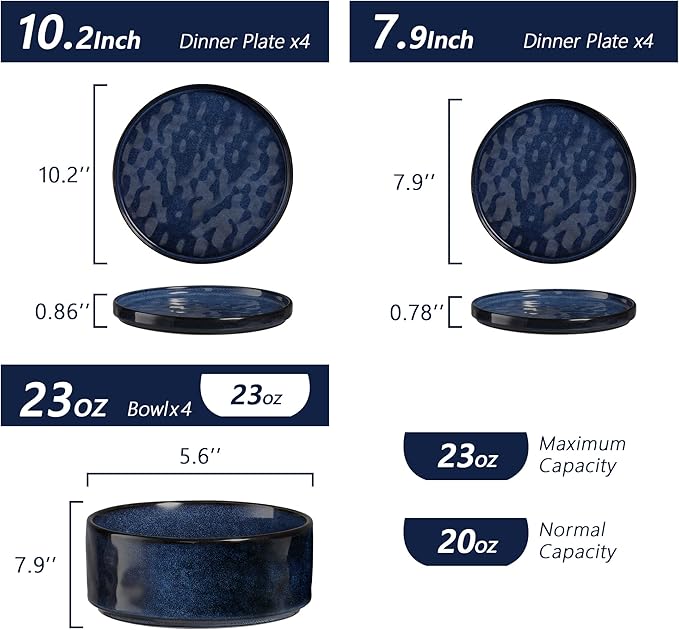 Vesteel Dinnerware Sets 12-Piece Stoneware Plates and Bowls Set Dishes Set for 4 Elegant Ceramic Dinnerware for Home Restaurant - Ocean Blue