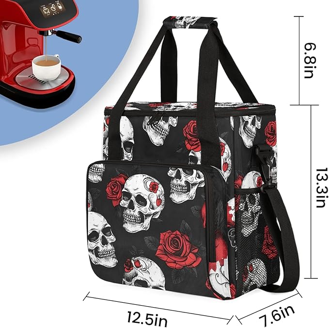 Skull Rose Flower Travel Coffee Maker Carrying Bag Large Organizer Storage Tote Bag Insulated Reusable Cooler Grocery Bags