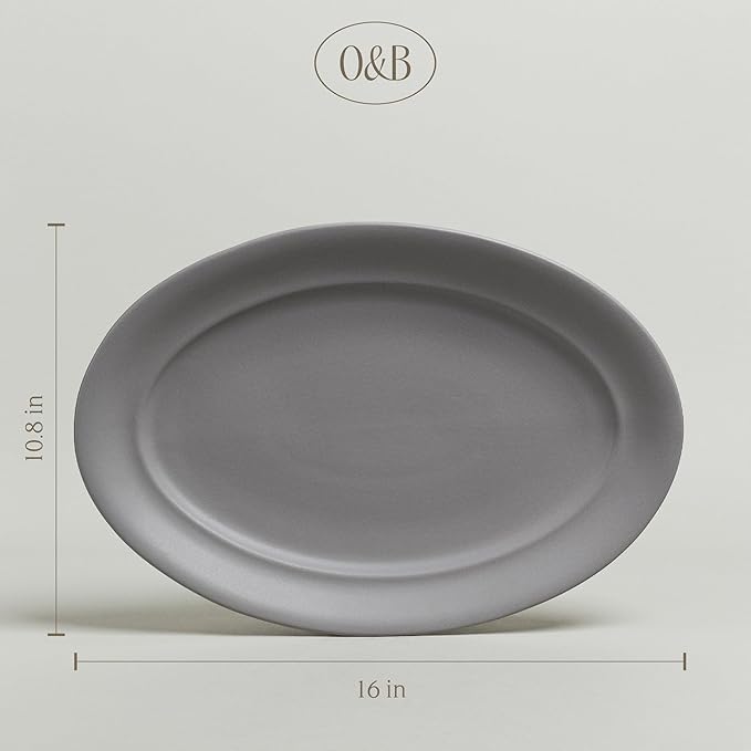 over&ampback Rim Stoneware Serving Platter - Elegant 1-Piece Oval Serving Platter to Complete Your Kitchen Set - 16 L x 10.8 W Semi-Matte Charcoal