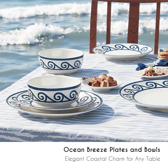 12-Piece Dinnerware Set for 4 Stoneware Kitchen Plates &amp Bowls Set Coastal Dinnerware Sets Microwave &amp Dishwasher Safe Scratch Resistant Vintage Dishware Set for Everyday Use &amp Family