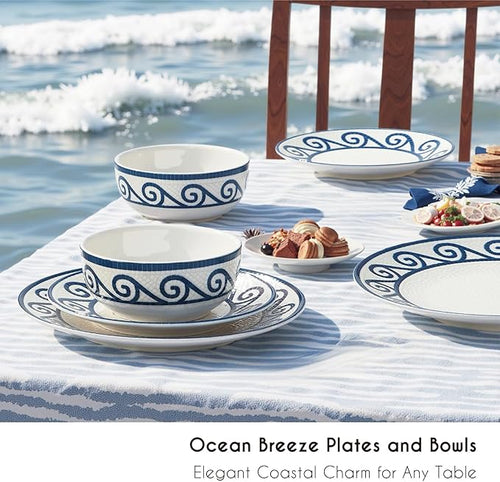 12-Piece Dinnerware Set for 4 Stoneware Kitchen Plates &amp Bowls Set Coastal Dinnerware Sets Microwave &amp Dishwasher Safe Scratch Resistant Vintage Dishware Set for Everyday Use &amp Family