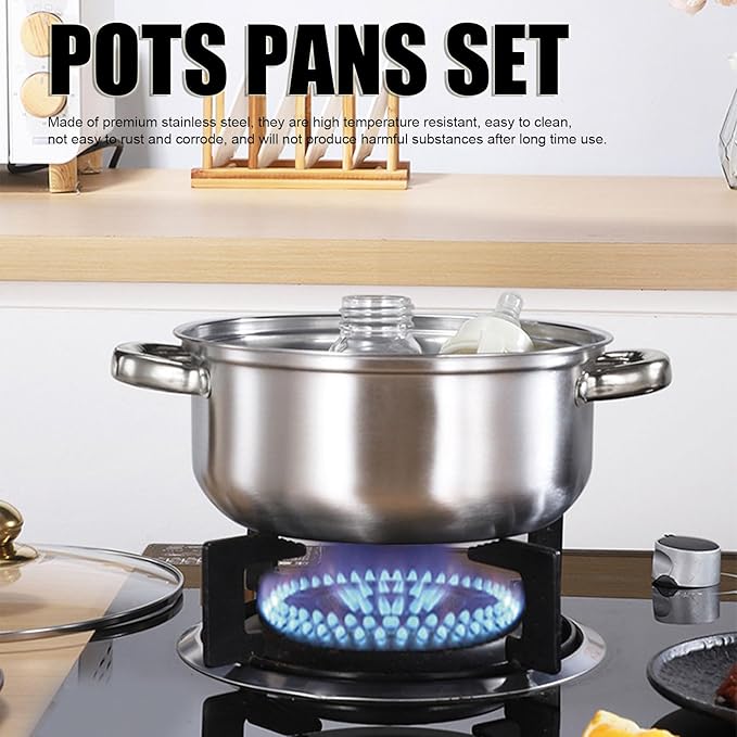 Stainless Steel Cookware Set 6 Pcs Pots and Pans Set Frying Pans Saucepans Saute Paning Stock Pot Compatible with All Cooktops Double Ear Soup Milk Frying with Handle