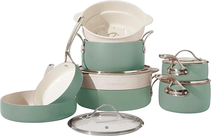 Bloomhouse 12 Piece Aluminum Pots and Pans Cookware Set w/Non-toxic Ceramic Non-stick Ceramic Steamer Insert &amp 12 Protective Care Bags - Sage Green