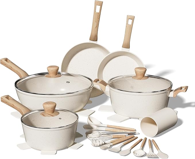 KILAY 23 Pcs Pots and Pans Set Nonstick Cookware Sets White Granite Induction Kitchen Cooking Set with Frying Pans &amp Saucepans