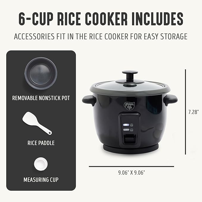 GreenLife Rice Cooker with Removable PFAS-Free Ceramic Nonstick Pot 3-Cups Uncooked/6-Cups Cooked Grains &amp Oatmeal Multicooker Compact One-Switch Design Auto Keep Warm Easy Clean Black