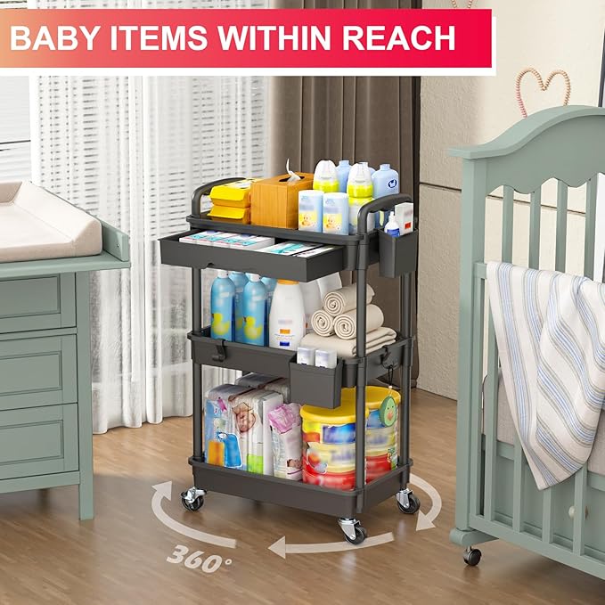 Goovilla 3 Tier Rolling Utility Cart Organizer with Removable Drawer Stable and Sturdy Black Rolling Storage Carts with 2 Lockable Wheels for Bathroom Kitchen Snack Craft Makeup Baby Essentials