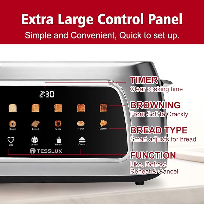 4 Slice Toaster with Touch Screen Control 1.5 Wide Long Slots 6 Browning Levels &amp 6 Bread Types Digital Timer Memory Defrost Reheat (SILVERY)