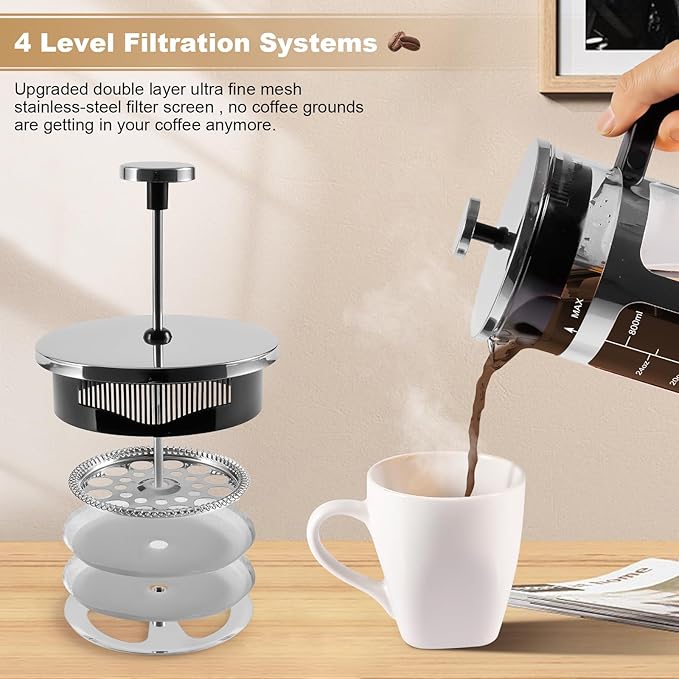 French Press Coffee Tea Maker Upgrade Heat Cold Resistant Thickened Glass with 4 Level Stainless Steel Filtration System Brew Coffee &amp Tea BPA Free Large 1000ml 34oz (Silver)