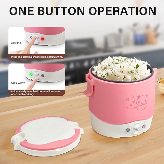 OSBA Small Rice Cooker12v Portable Travel Rice Cooker For Car Cooking Heating and Keeping Warm Function Can be Used As a Electric Lunch Box (Pink)