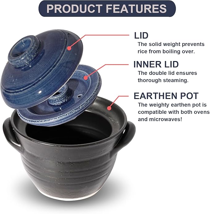 Banko-ware Donabe Japanese Earthenware Rice Pot with Double-Lid Technology – Elegant Jet-Black &amp Blue Design – Ensures Fluffy Rice Every Time – Includes English Manual – Made in Japan (1-2 per)