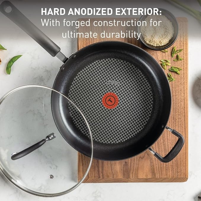 T-Fal Ultimate Hard Anodized Nonstick Fry Pan With Lid 10 Inch Oven Broiler Safe 400F Lid Safe 350F Cookware Kitchen Home Versatile Frying Pan Skillet Pots and Pans Dishwasher Safe Black