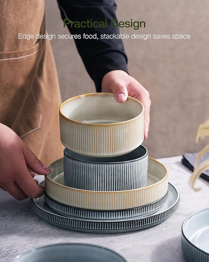 famiware Star Dinnerware Set Plates and Bowls Sets for 4 (12pcs) Ribbed Stoneware Dishes - Chip &amp Scratch Resistant Microwave &amp Dishwasher Safe Multicolor - Cappuccino White &amp Smoky Bl