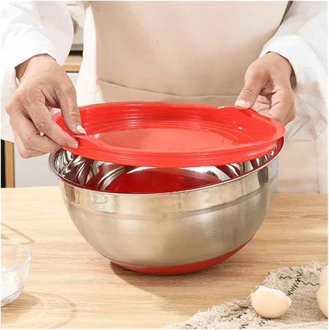 Stainless Steel Salad Mixing Bowl With Lid Non-Slip Silicone Bottom Fruit Vegetable Bowls Egg Beater Basin Dough