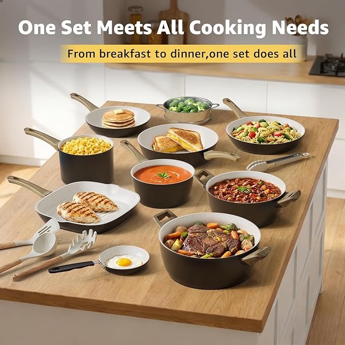 25-Piece Pots and Pans Set Non StickTitanium Ceramic Cookware Set Non ToxicLong-LastingPFAS FreeInduction CompatibleComplete Kitchen Set for All Cooking Needs