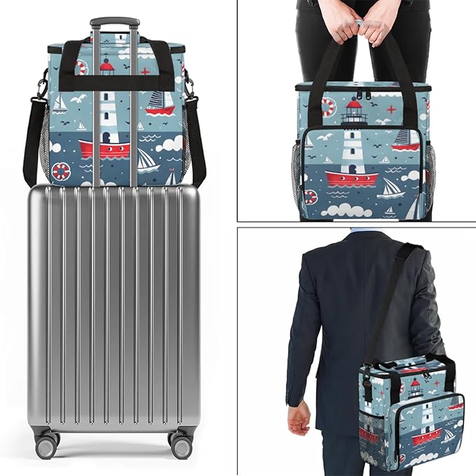 Cartoon Lighthouse Ship Coffee Maker Travel Bag for Keurig K-Mini/K-Mini Plus Insulated Waterproof Tote with Pockets for K-Cup Portable Single-Serve Brewer Case