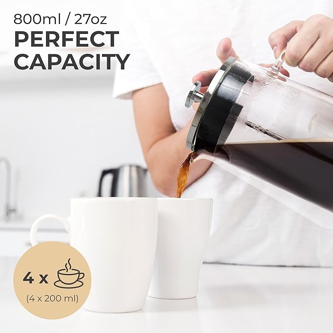 Kaffe Glass French Press Coffee Maker (27oz / 0.8L) - Double-Wall Insulated Borosilicate Glass Coffee Press - Travel &amp Camping - Homemade French Press Coffee