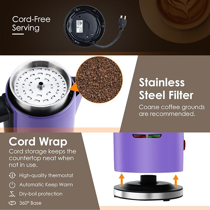 HOMOKUS Electric Coffee Percolator 12 CUPS Percolator Coffee Pot Stainless Steel Percolator Coffee Maker with Clear Knob Cool-touch Handle Auto Keep Warm Function (Purple)