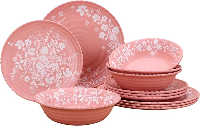 12-Piece Daisy Bamboo Melamine Dinnerware Set Pink Floral Wave-Edge Design Dishwasher Safe Ideal for Brunch Afternoon Tea &amp Cozy Family Dining