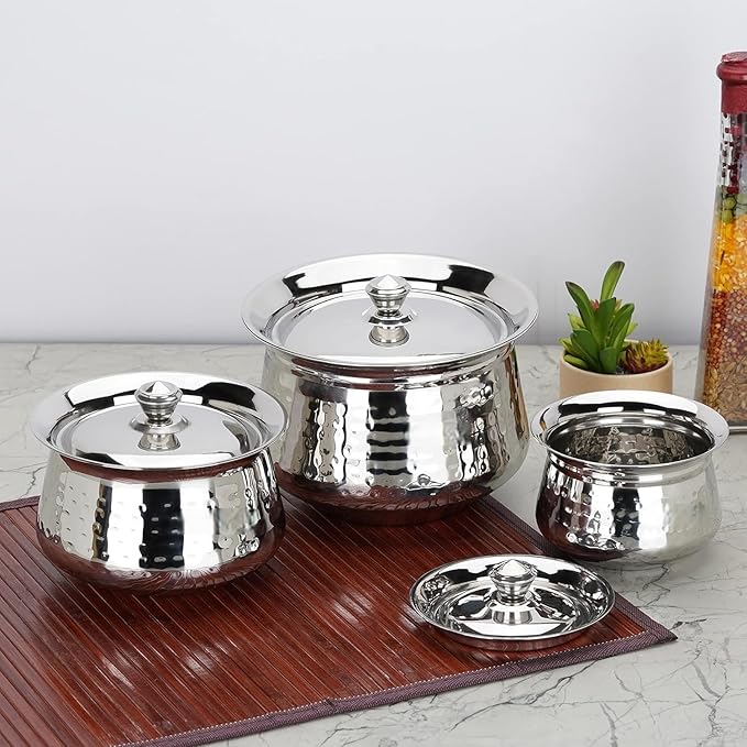 Stainless Steel Hammered Handdi Set with Lid Silver 3 Piece Set 460ml 950ml &amp 1700ml Handcrafted Kitchen Cookware