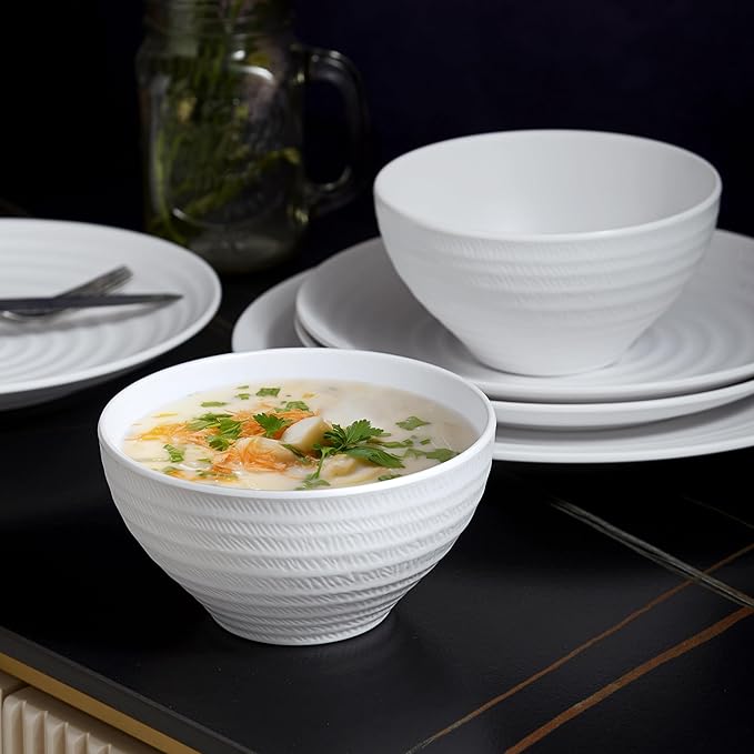 White Melamine Dinnerware Sets12PCs Anti-scratch Dishes Set Lightweight and Non breakable DinnerwareSuit for Indoor and Outdoor Use Dishwasher SafeBPA free (Classic White)