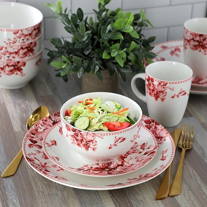 Traditional Purple Rose 16 Piece Stoneware Dinnerware Set – Floral Dinnerware Set for 4 Durable Microwave and Dishwasher Safe Plates Bowls and Mugs (Red Rose)