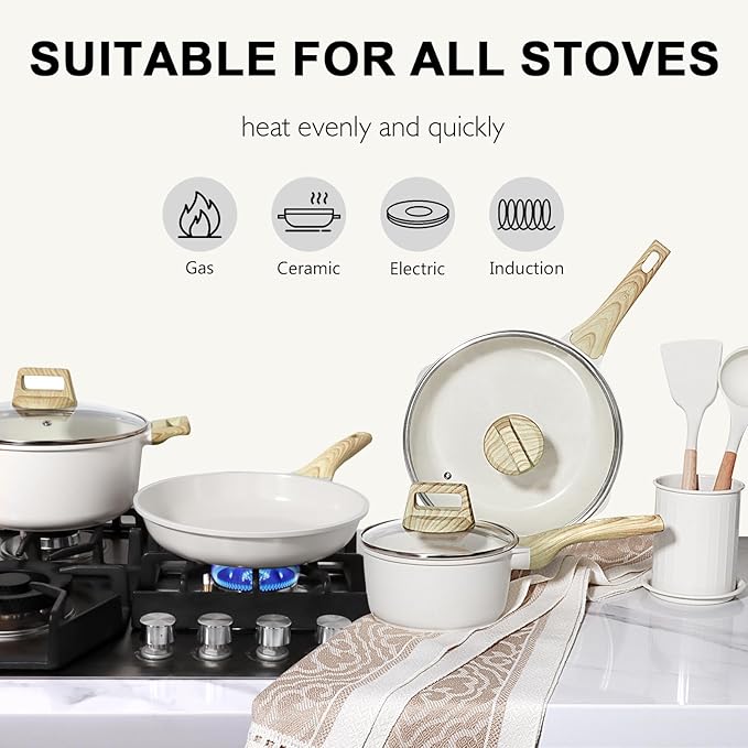 GiPP Ceramic Pots and Pans Set Non Stick - 17 Pcs Nonstick Cookware Set Non-toxic Healthy Kitchen Cooking Set/Frying Pans Set Dishwasher Safe PFAS PTFE PFOA PFOS Free Cream White