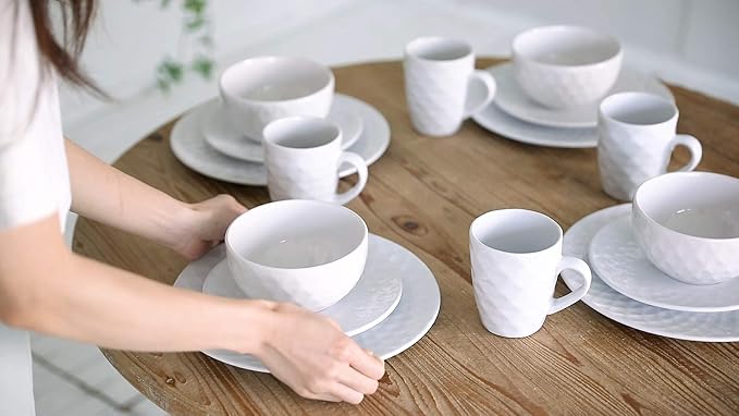 A&ampB Home Large 16 Piece Dinnerware Set Glossy Cream Stoneware Plates Bowls Mugs French Country Geometric Design Kitchenware Serves 4 People