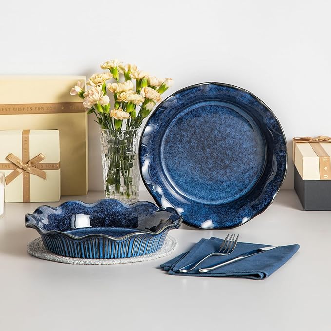 vancasso Starry 18 Pieces Dinnerware Sets for 6 Bundles 9 inch Pie Pans with Ruffled Edge Set of 2