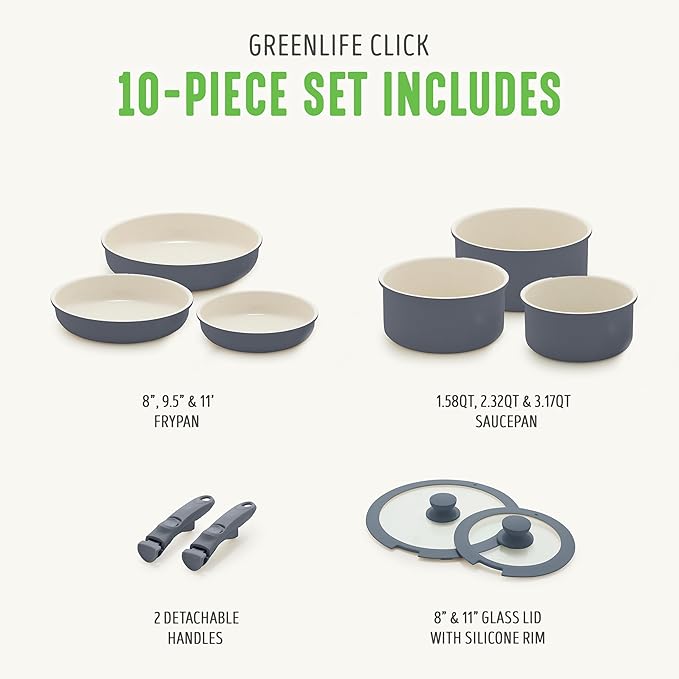 GreenLife 10 Piece Nonstick Pots &amp Pans Set Detachable Handle &amp Stackable Cookware Set Non Toxic PFAS-Free Skillets Induction Kitchen Pans Space Saving Serving Bowls Oven Safe Graphite