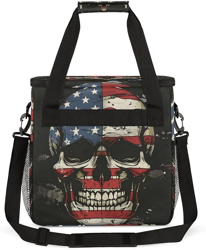 Skull American Flag Travel Coffee Maker Carrying Bag Large Organizer Storage Tote Bag Insulated Reusable Cooler Grocery Bags