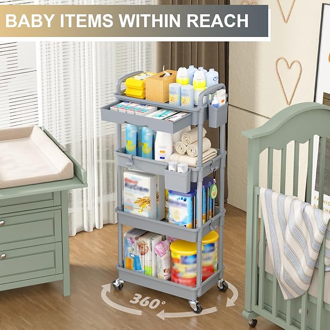 Goovilla 4 Tier Rolling Utility Cart Organizer with Removable Drawer Stable and Sturdy Grey Rolling Storage Carts with 2 Lockable Wheels for Bathroom Kitchen Snack Craft Makeup Baby Essentials