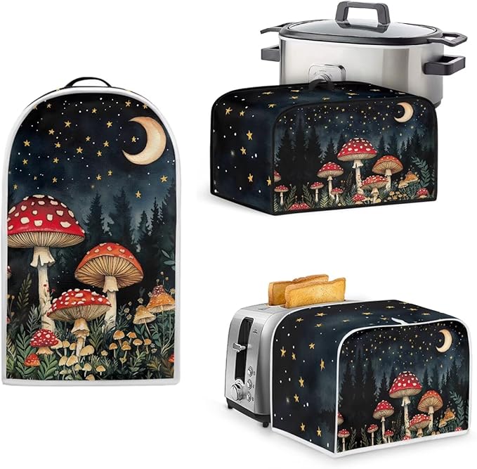 Mushrooms Moon 4 Slice Toaster Cover Small Appliance 3-Pcs SetBread Toaster Blender and Slow Cooker Cover Dust and Fingerprint Protection Machine Washable Kitchen Decor (Black)