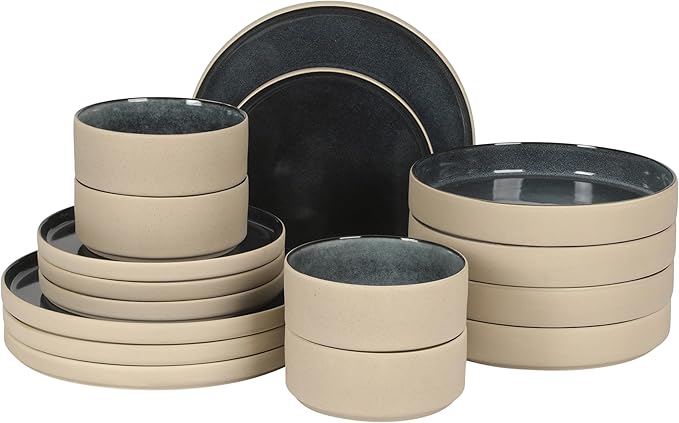 Gibson Elite Liberty Bay 16-Piece Pottery Clay Stoneware Dinnerware Set – Blue Reactive Glaze Stackable Plates and Bowls W/Pasta Bowl Service for 4 – Microwave &amp Dishwasher Safe