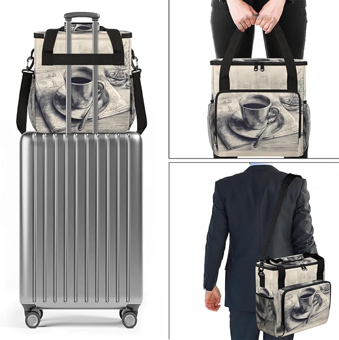 Retro Coffee Print Coffee Maker Travel Bag for Keurig K-Mini/K-Mini Plus Insulated Waterproof Tote with Pockets for K-Cup Portable Single-Serve Brewer Case
