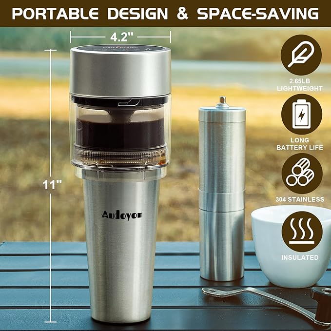 French Press Coffee Maker Cold Brew 2-6 Min Rapid Electric Coffee Press Portable Iced Tea Maker with Ultra-Fine Stainless Filter Loose Tea Press for Camping Travel Office &amp RV 16oz Cup