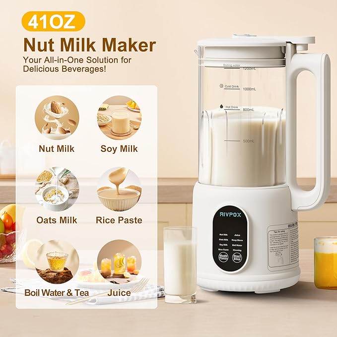 8 in 1 Automatic Nut Milk Maker 41oz Homemade Soybean Milk Almond Milk Oat Milk and Juice Electric Bean and Nut Milk Machine with Appointment Timer Keep Warm and Self-cleaning Function Beige