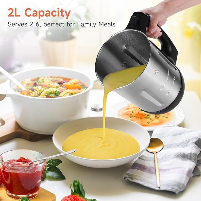 Homtone Soup Maker 2L Makes 2-6 Servings 6-in-1 Multifunctional Smooth and Chunky Soupmaker Electric Soup Bleander Eeasy Clean for Home Use Black and Stainless Steel